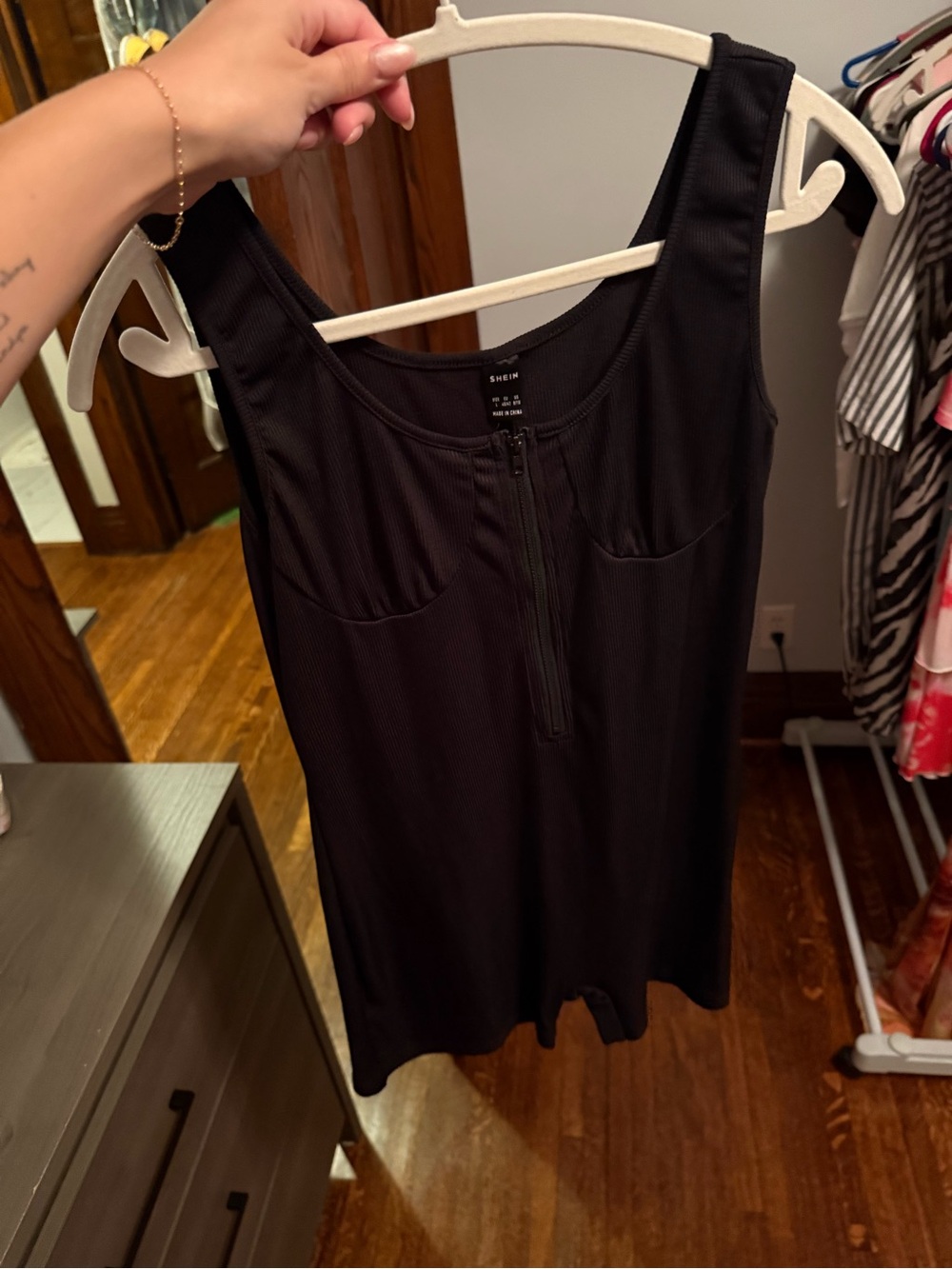 SHEIN Black Ribbed Tank One Piece with Front Zip